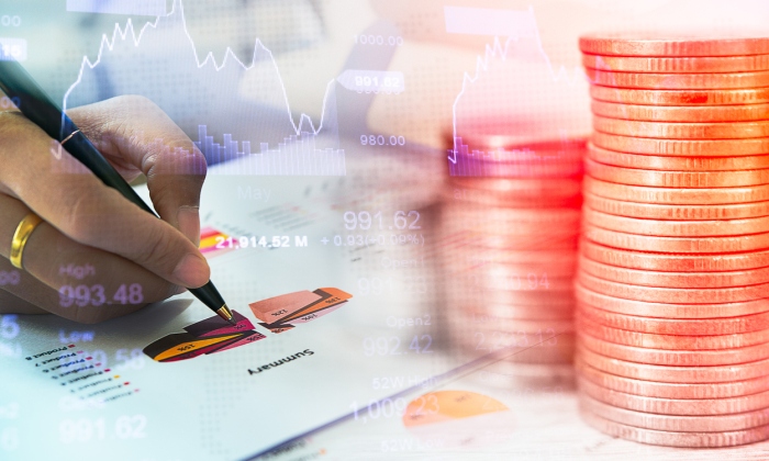 Infografía con gráficos y monedas