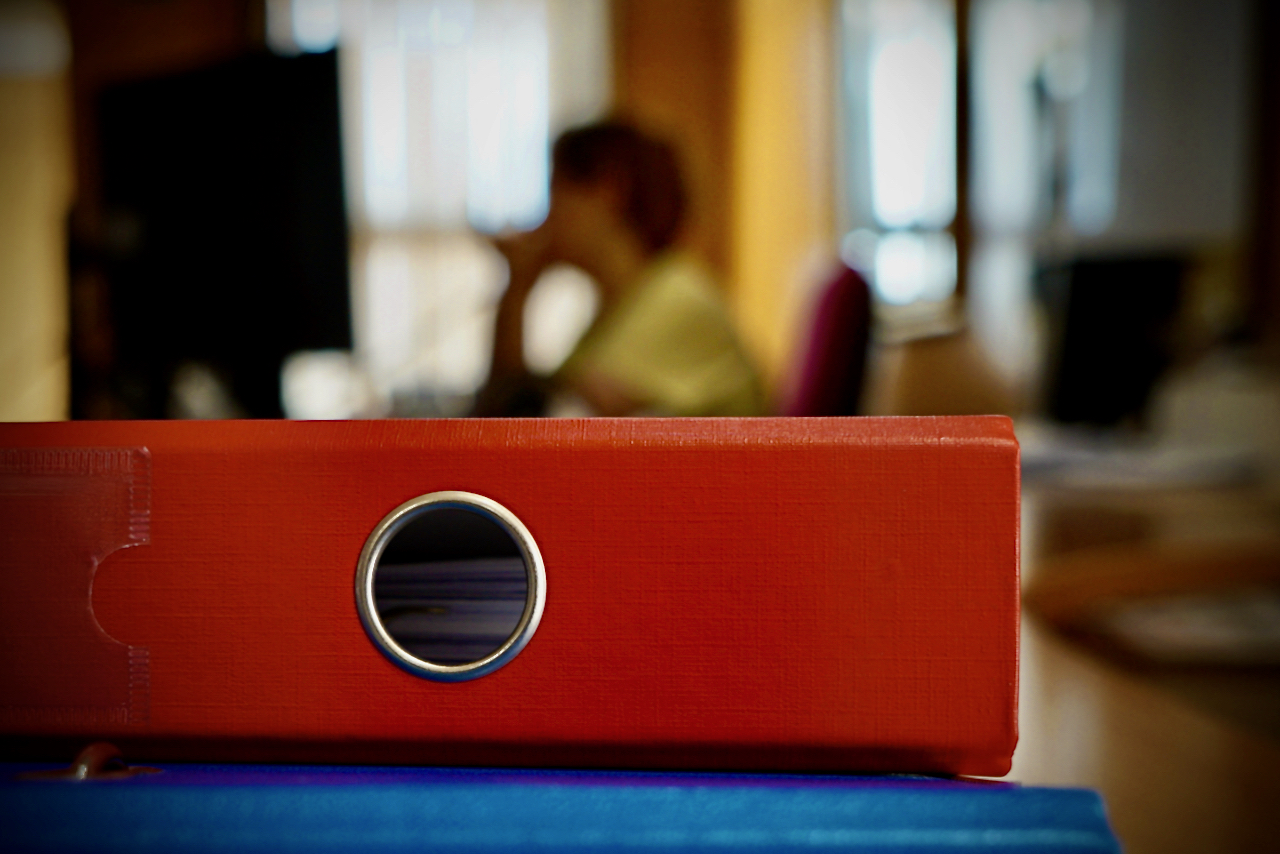 Uns arxivadors en primer pla i, de fons, una treballadora.