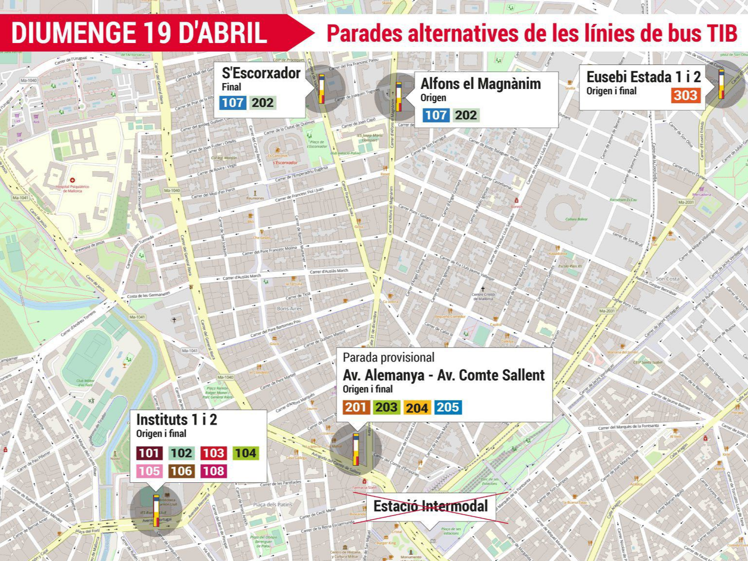 Mapa amb les parades alternatives de les línies de bus TIB a Palma aquest diumenge