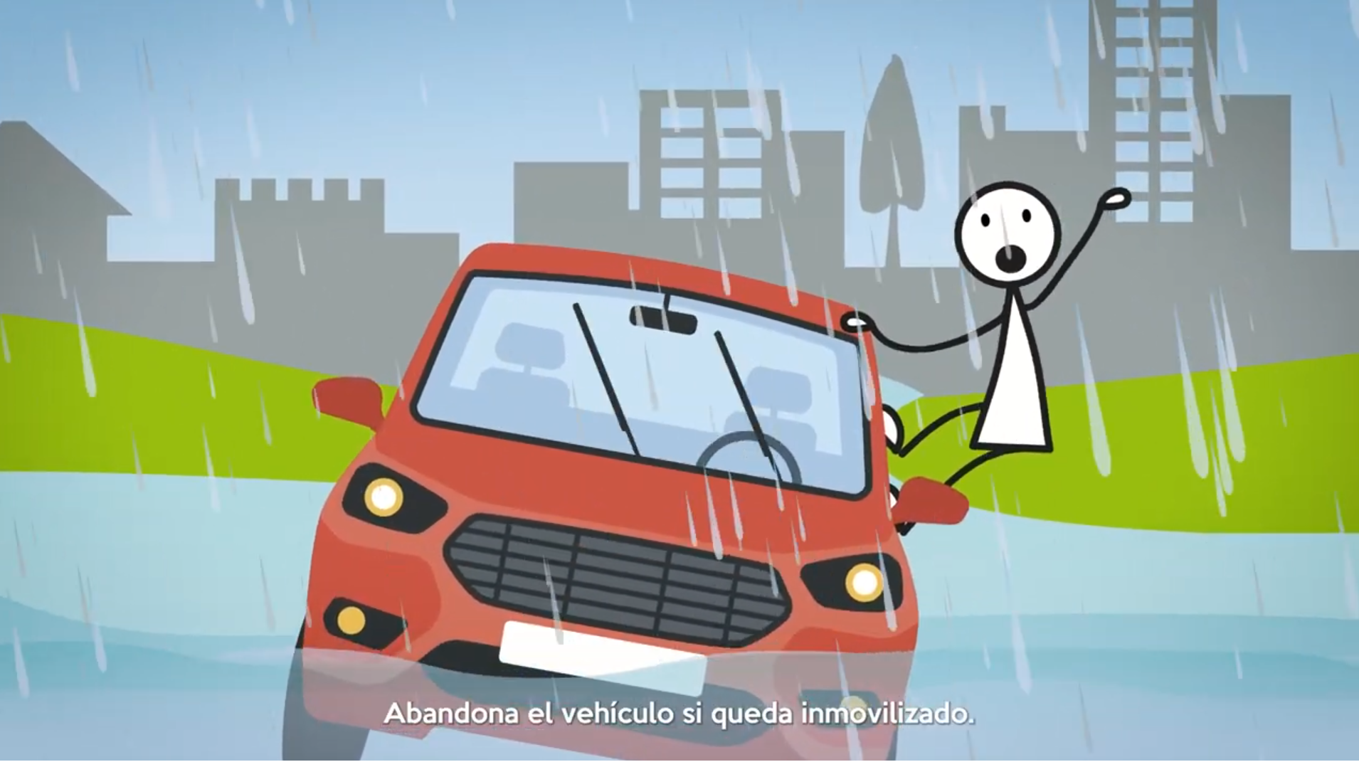 Coche rojo animado, medio sumergido por una inundación, con una figura saliendo del vehículo y el texto «Abandona el vehículo si queda inmovilizado» en la parte inferior